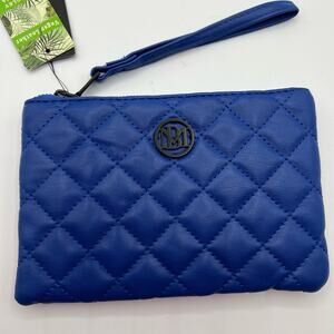 Badgley Mischka Vegan Leather Card Holder Wallet Wristlet Blue Quilted Zips NWT